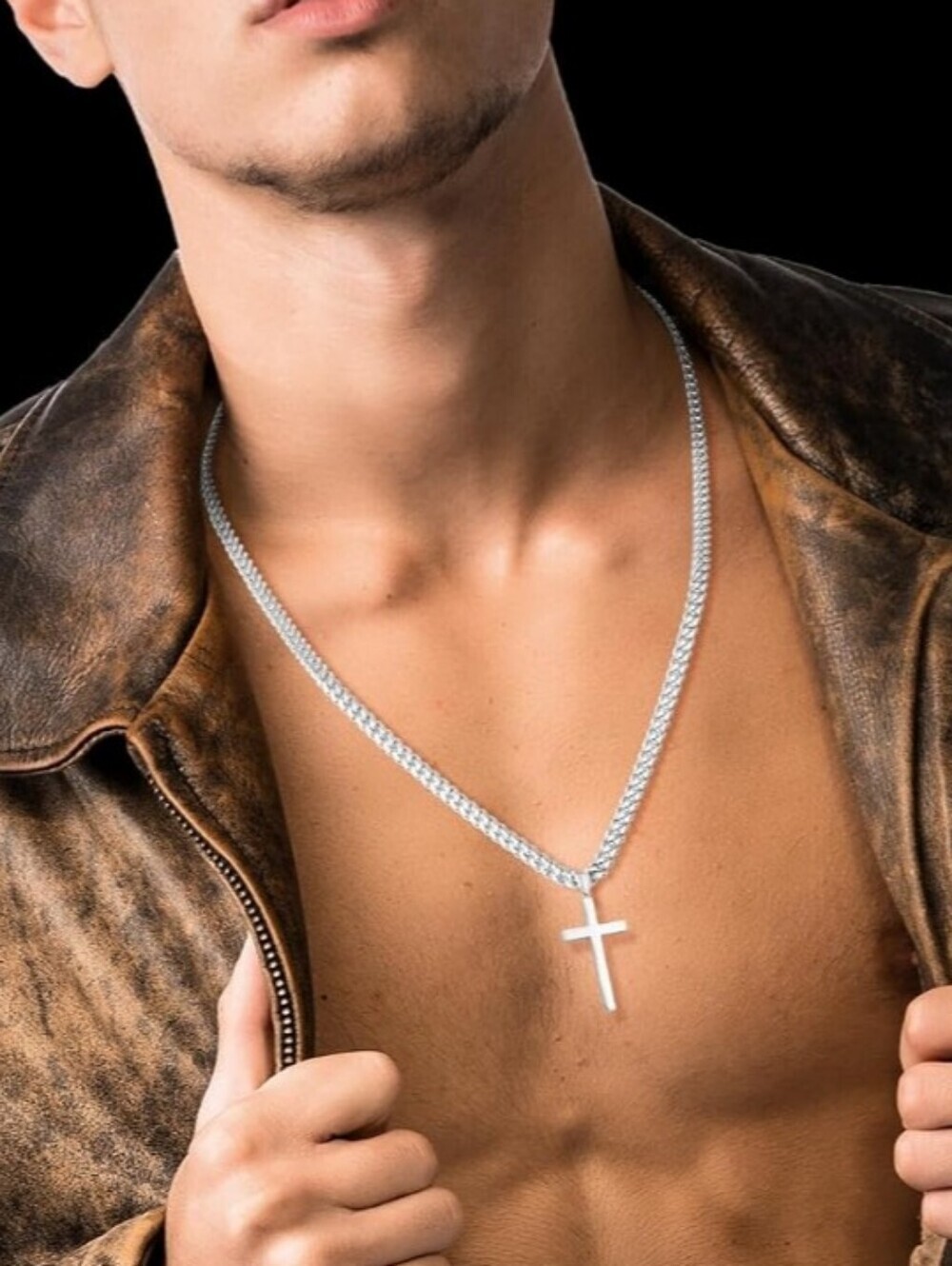Men's Silver Cross Pendant Necklace - Classic Cuban Chain